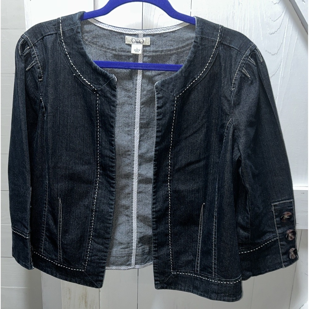 Cato Women's Denim Jacket Open Front 3/4 Sleeve Decorative Stitching Size L